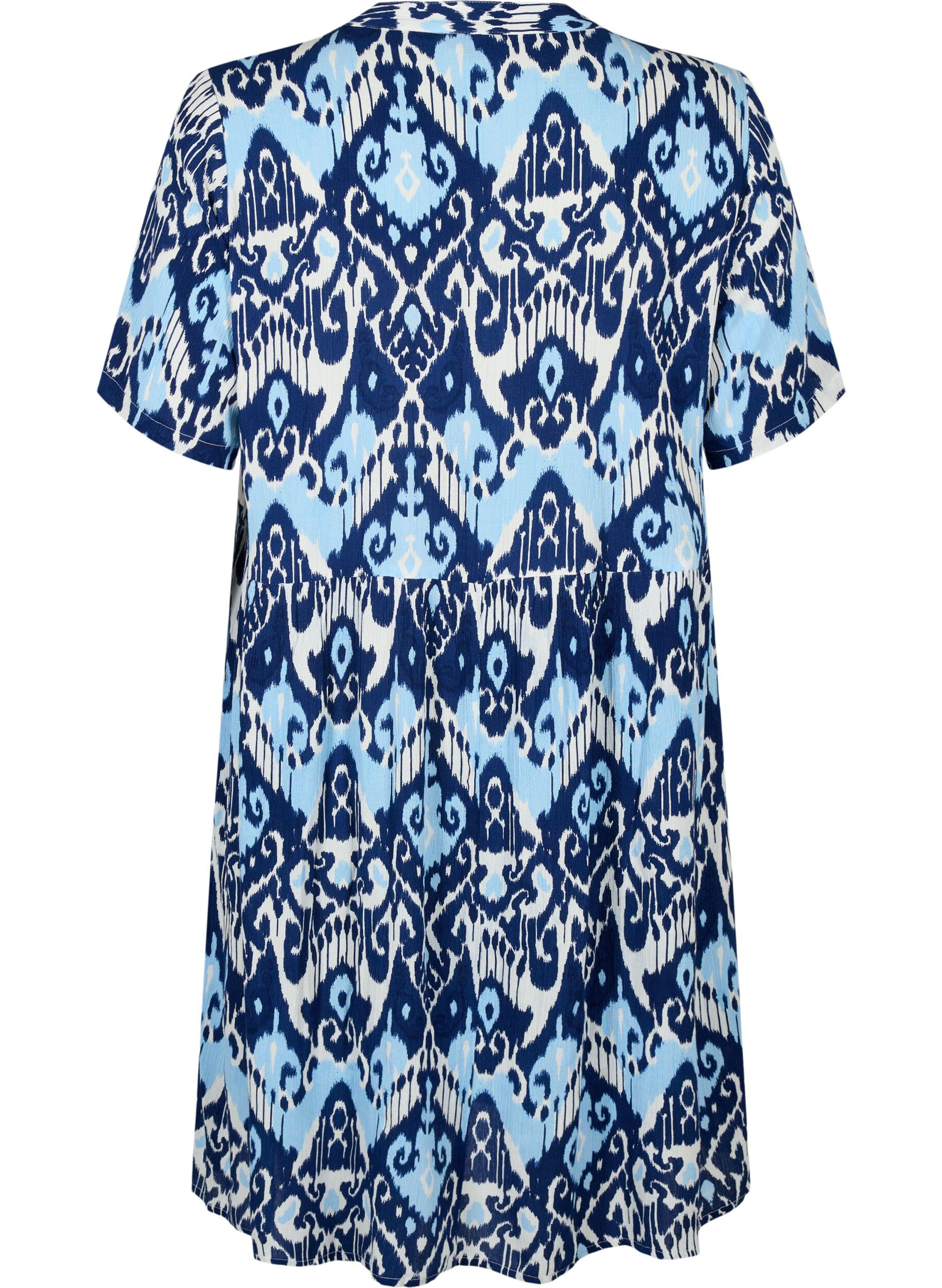 Zizzi Robe &agrave; manches courtes en viscose avec imprim&eacute;, Blue Ethnic AOP, Packshot image number 1