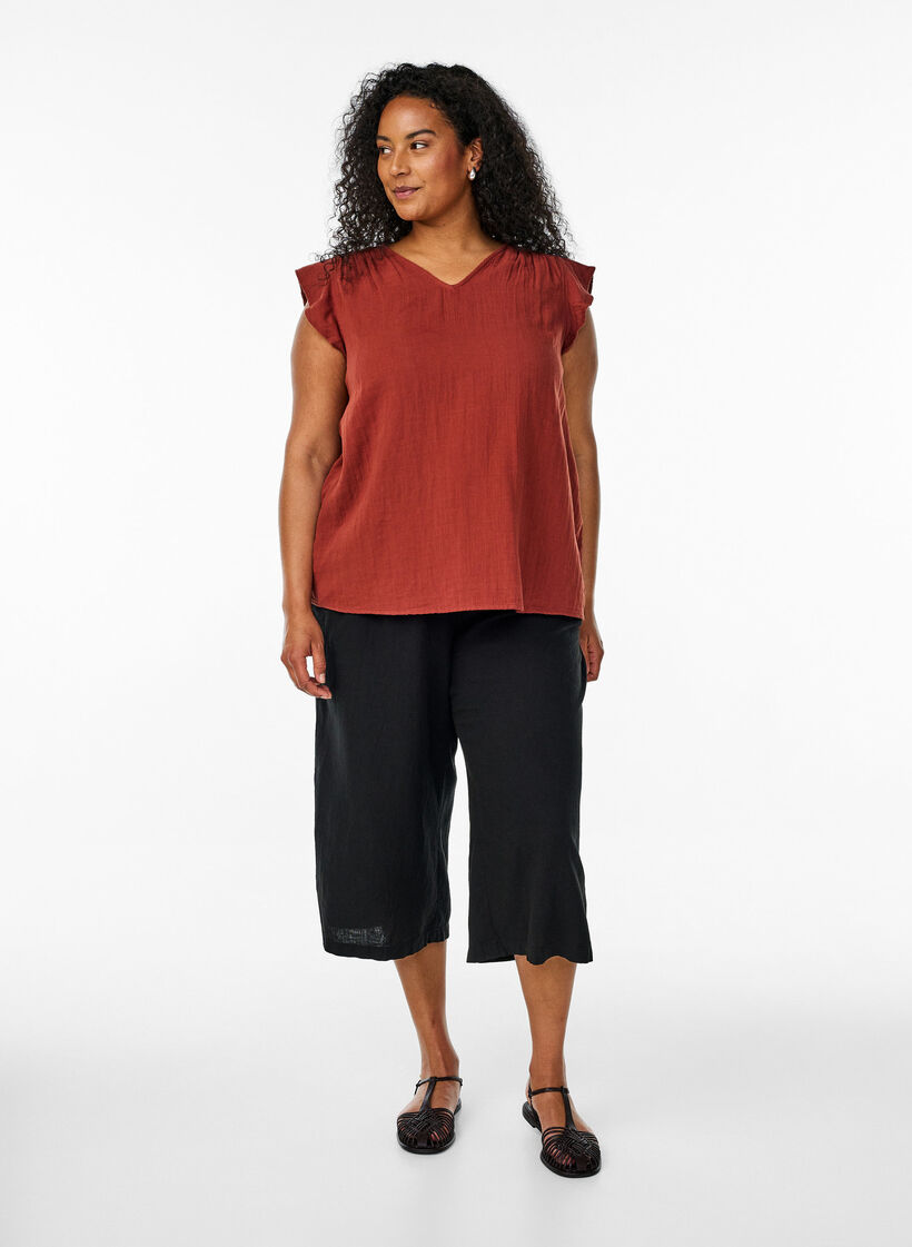 Top sans manches en mousseline de coton avec volants, Bordeaux, Model image number 1