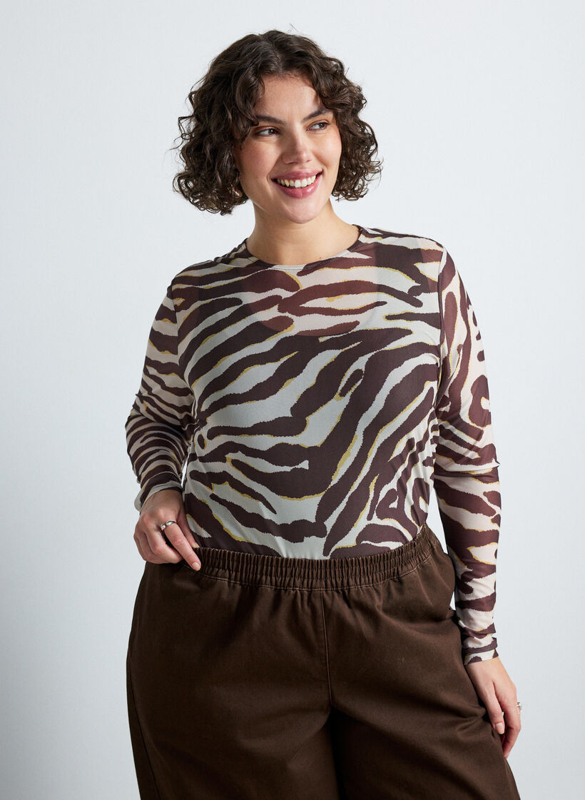 Blouse en maille avec imprim&eacute;, Marron, Model image number 0