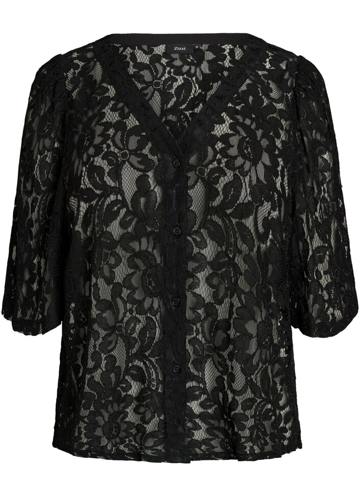 Blouse en dentelle &agrave; manches courtes et col V, Noir, Packshot image number 0