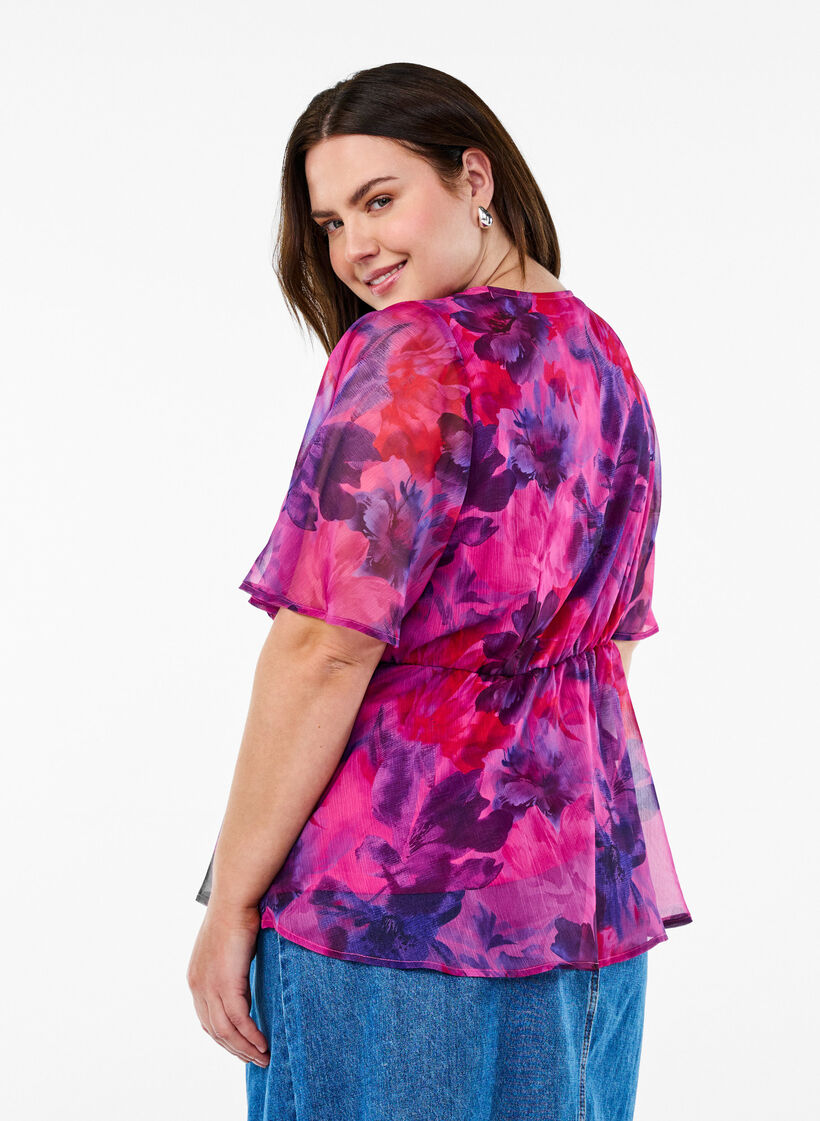 Chemise en mousseline &agrave; imprim&eacute; floral et manches courtes, Rouge, Model image number 2