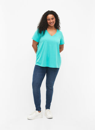 T-shirt à manches courtes avec col en V, Turquoise, Model image number 2