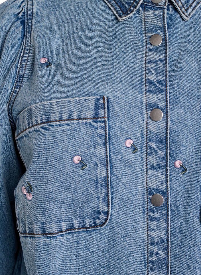 Robe en jean avec imprimé cerises et poches poitrine, Bleu Clair, Packshot image number 2