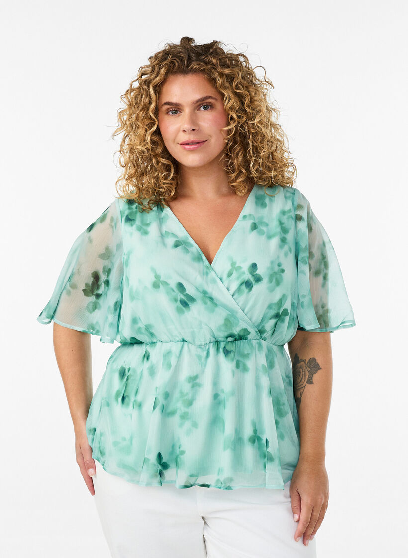 Chemise en mousseline &agrave; imprim&eacute; floral et manches courtes, Vert clair, Model image number 0