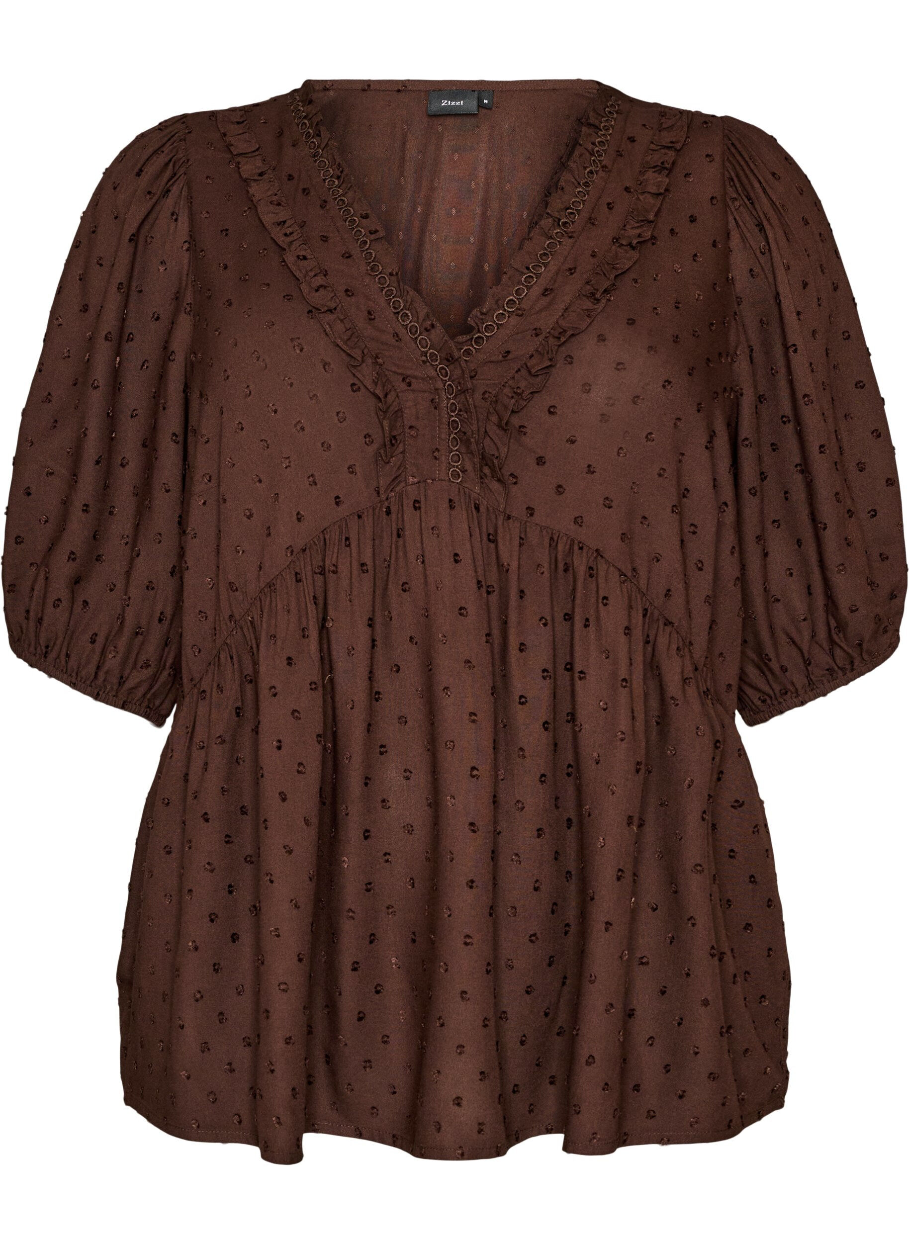 ZizziBlouse en viscose avec texture &agrave; pois et col V, Marron, Packshot image number 0
