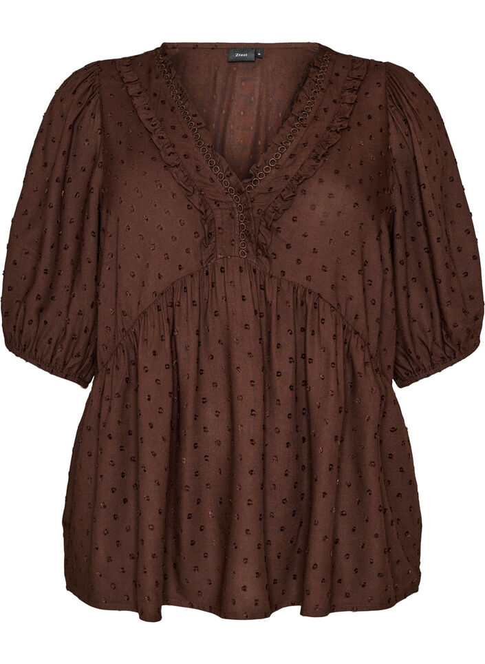 Blouse en viscose avec texture &agrave; pois et col V, Marron, Packshot image number 0