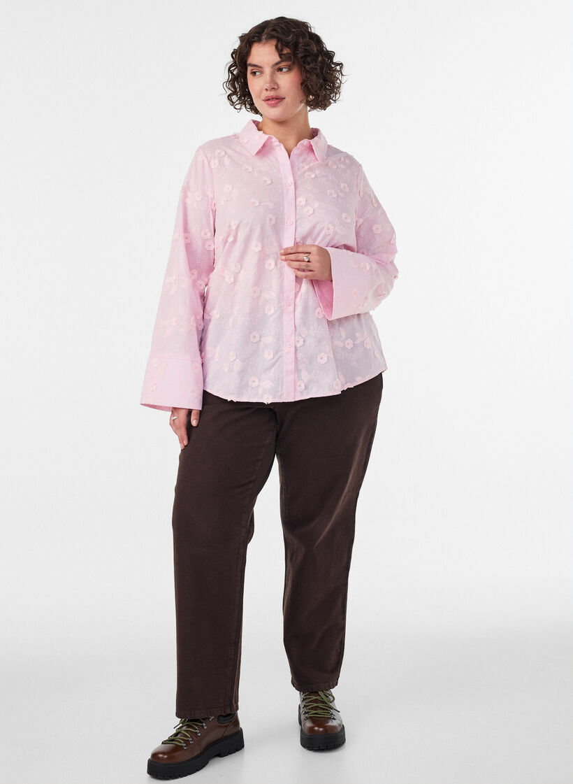 Chemise avec broderies florales et manches larges, Rose, Model image number 1
