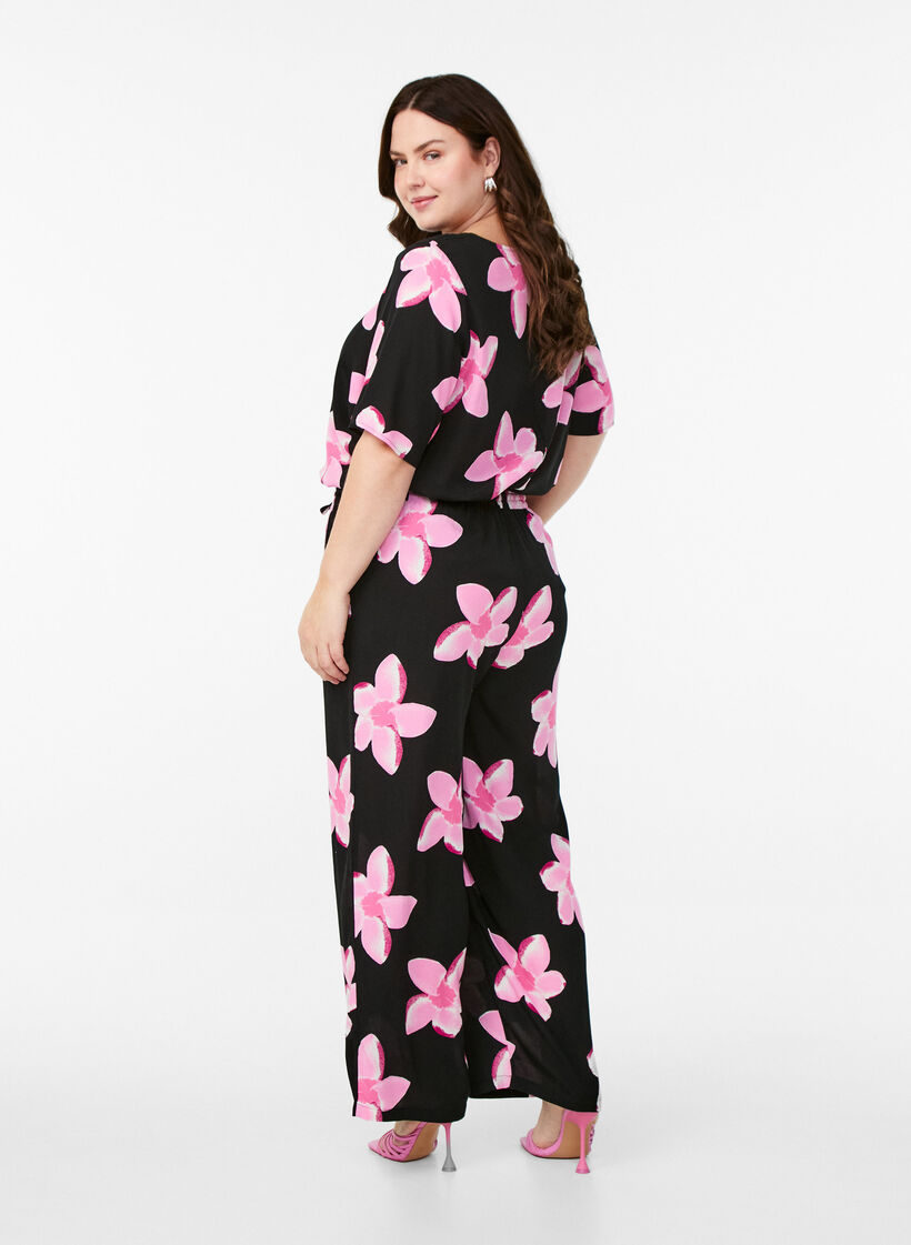 Pantalon ample en viscose avec imprim&eacute;, Noir, Model image number 1