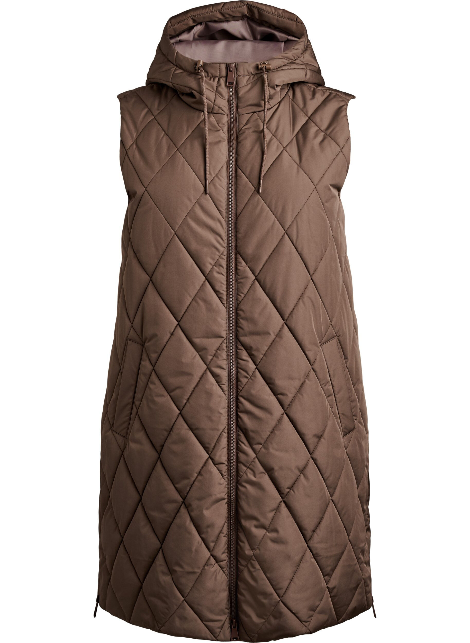 Gilet matelass&eacute; mi-long &agrave; capuche
