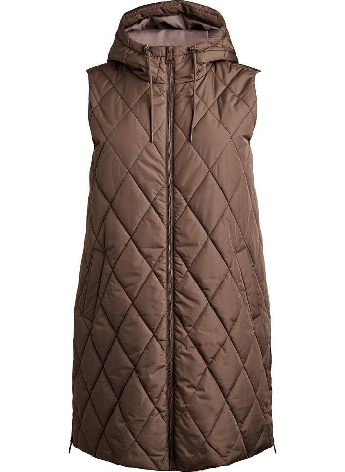 Gilet matelass&eacute; mi-long &agrave; capuche, Marron, Packshot image number 0