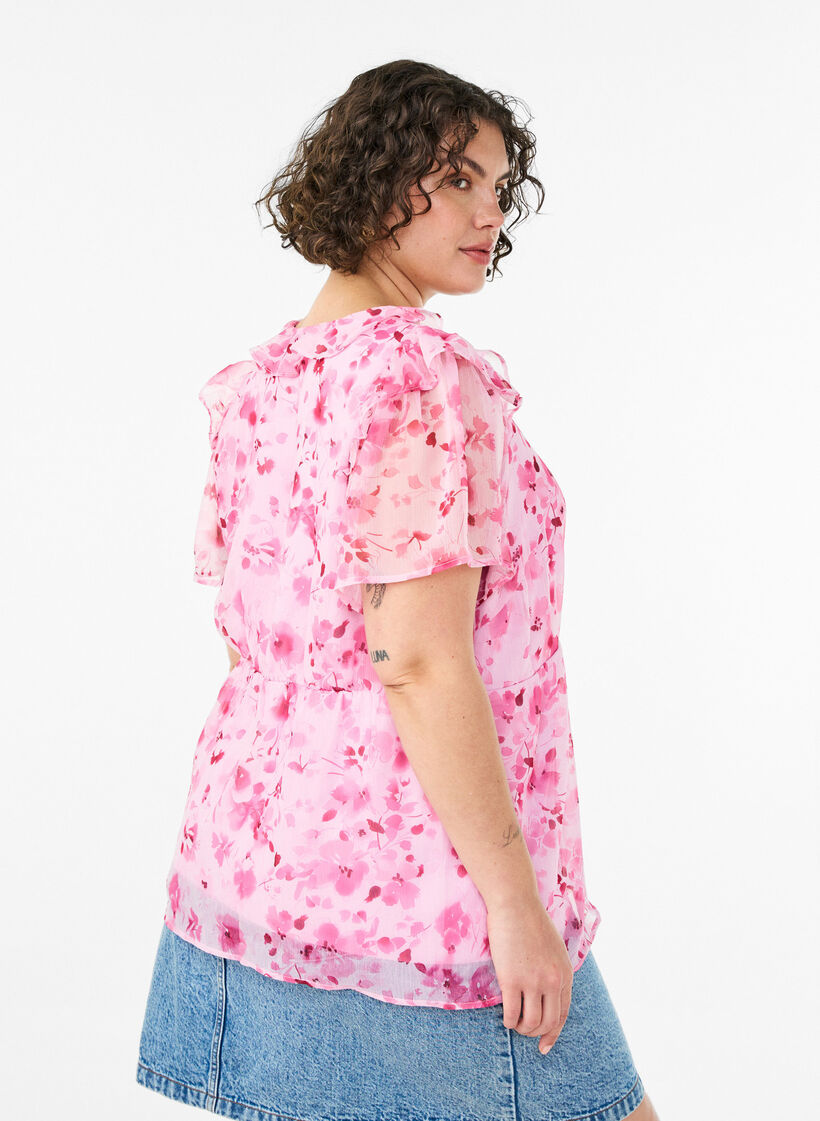 Blouse fleurie avec col &agrave; volants et effet peplum, Rose, Model image number 2