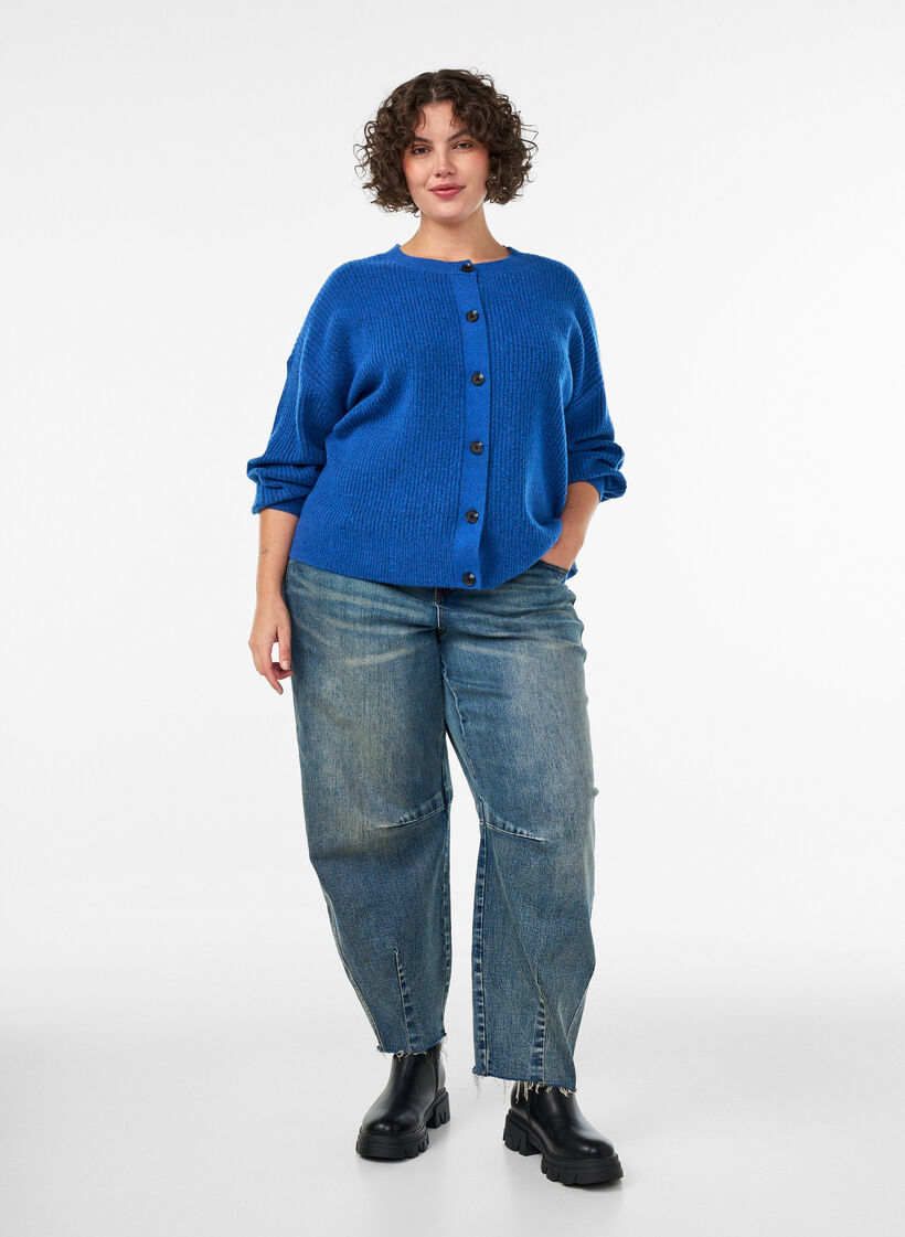 Cardigan en maille c&ocirc;tel&eacute;e avec boutons, Bleu, Model image number 1