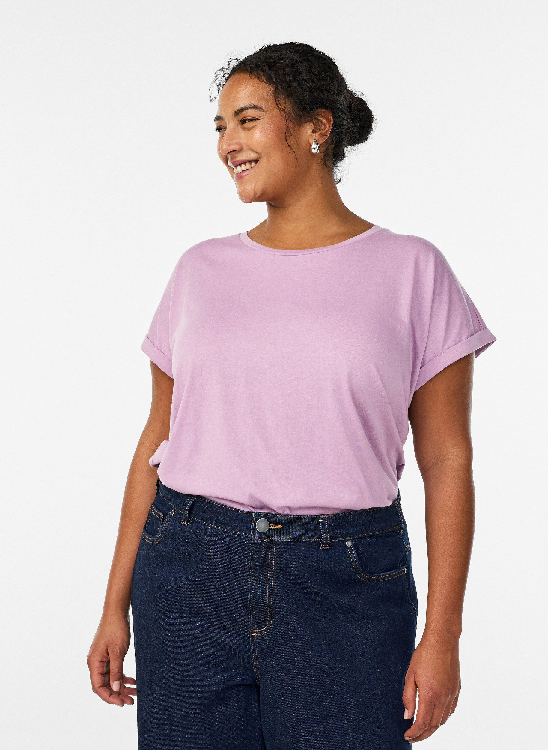 T-shirt &agrave; manches courtes en coton m&eacute;lang&eacute;, Mauve, Model