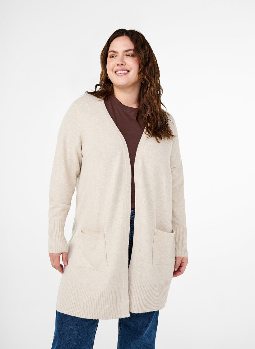 Cardigan en tricot c&ocirc;tel&eacute; avec poches, Beige, Model image number 0
