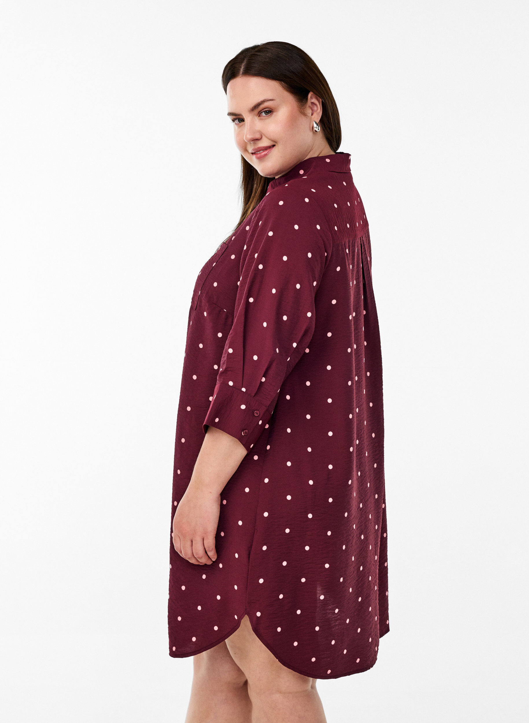 Zizzi Robe courte avec col et poche poitrine, Bordeaux, Model image number 2