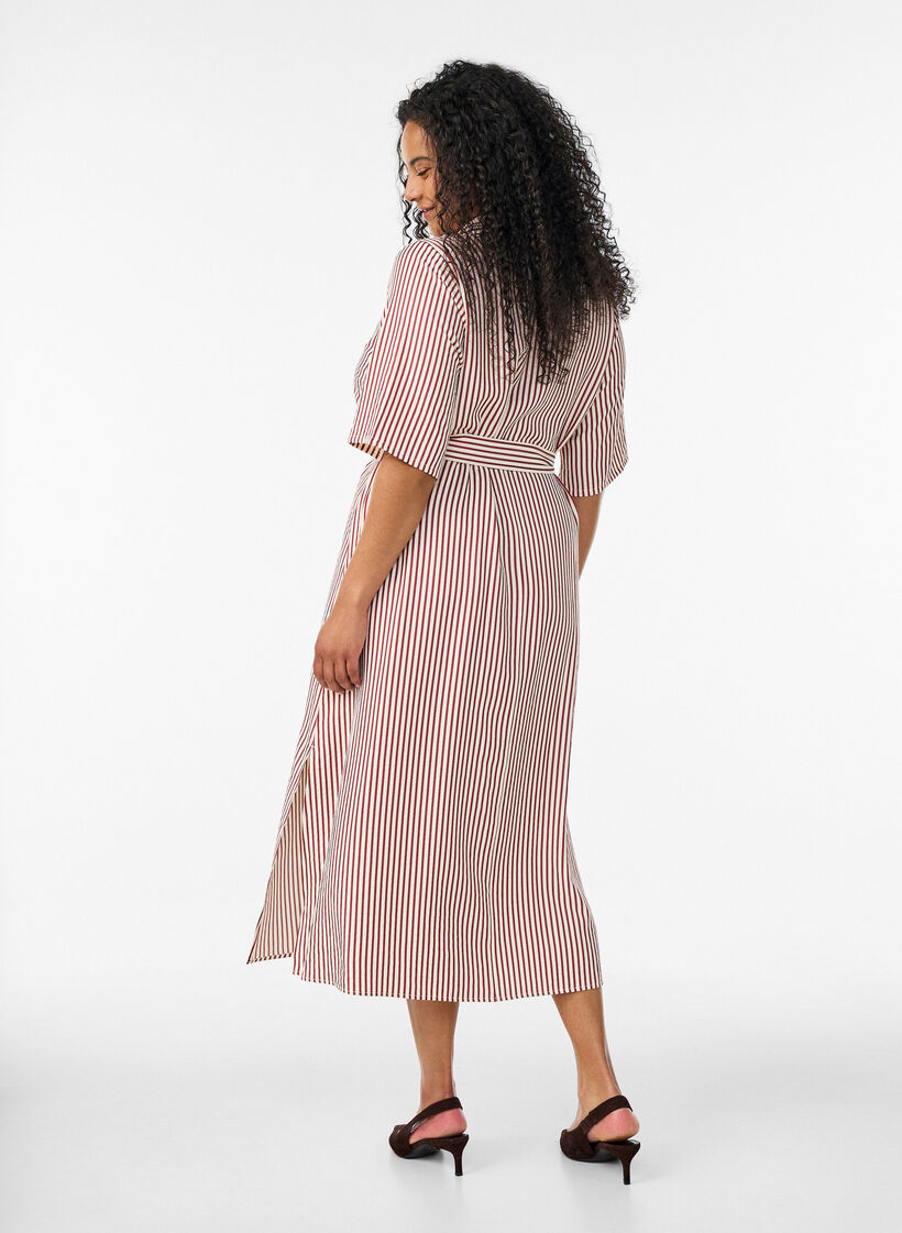 Robe-chemise longue jusqu&rsquo;aux chevilles avec ceinture &agrave; nouer et rayures, Bordeaux, Model image number 1