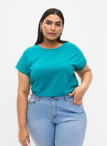 T-shirt à manches courtes en mélange de coton, Teal Blue, Model image number 0
