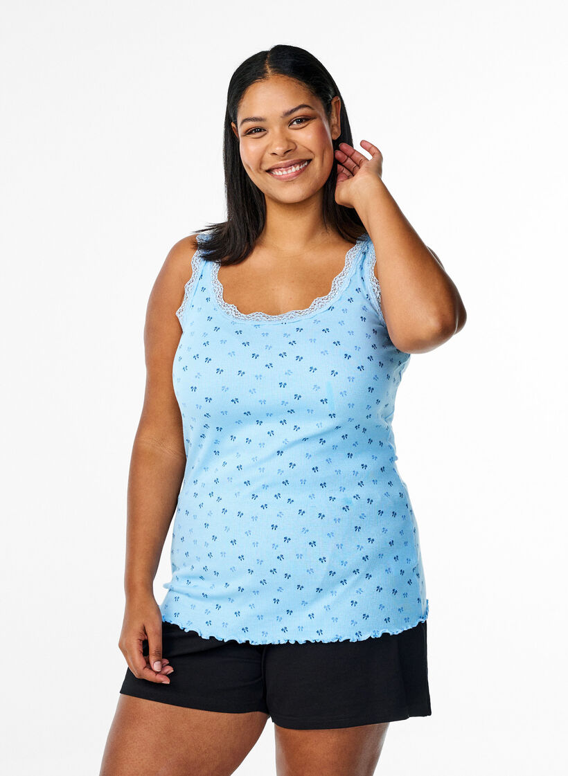 Top avec imprimé et bord en dentelle, Bleu Clair, Model image number 0