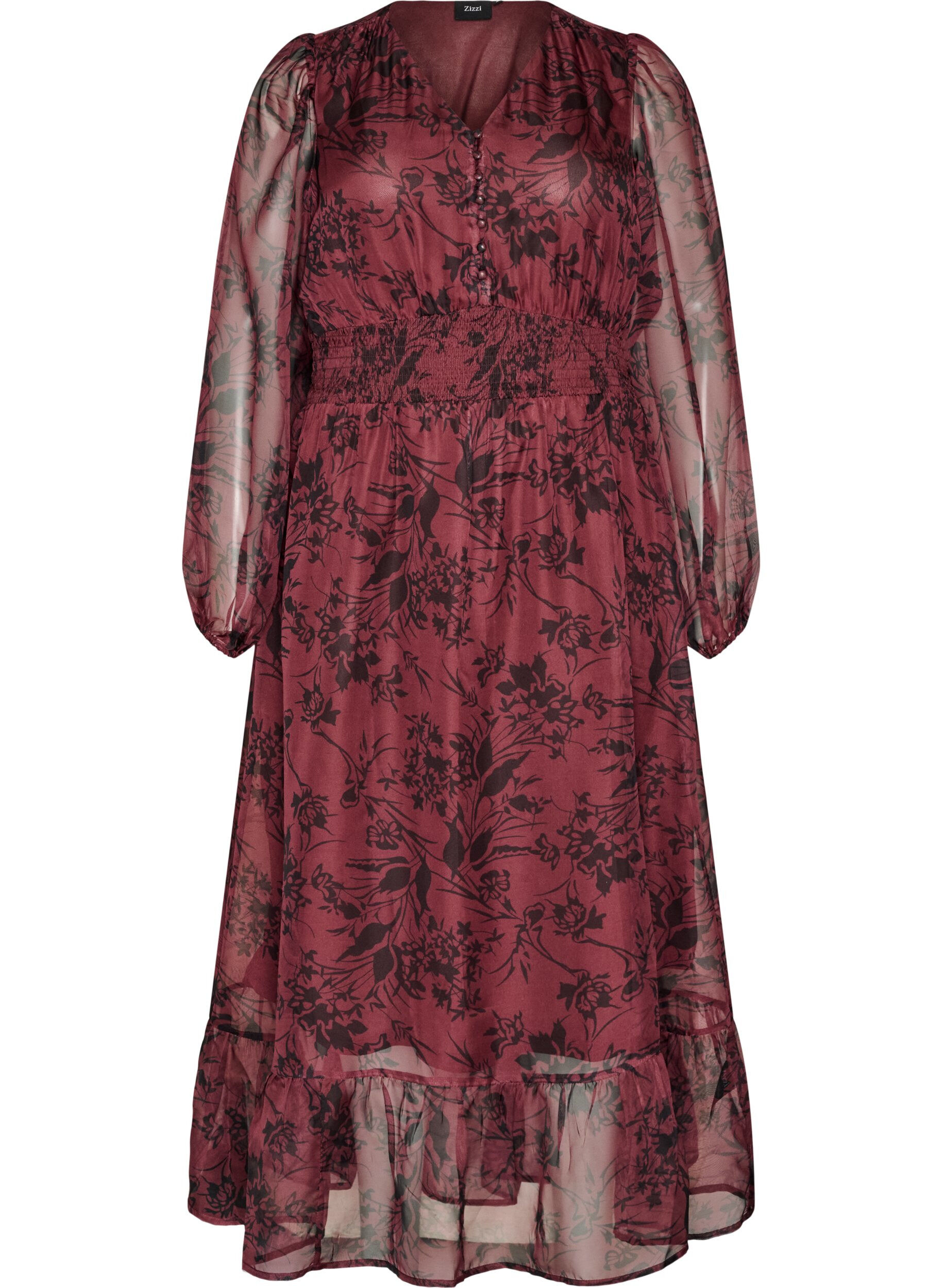 ZizziRobe maxi avec imprim&eacute; floral et smocks, Bordeaux fonc&eacute;, Packshot image number 0