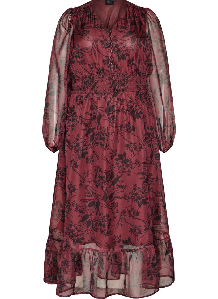 Robe maxi avec imprim&eacute; floral et smocks, Bordeaux fonc&eacute;, Packshot image number 0