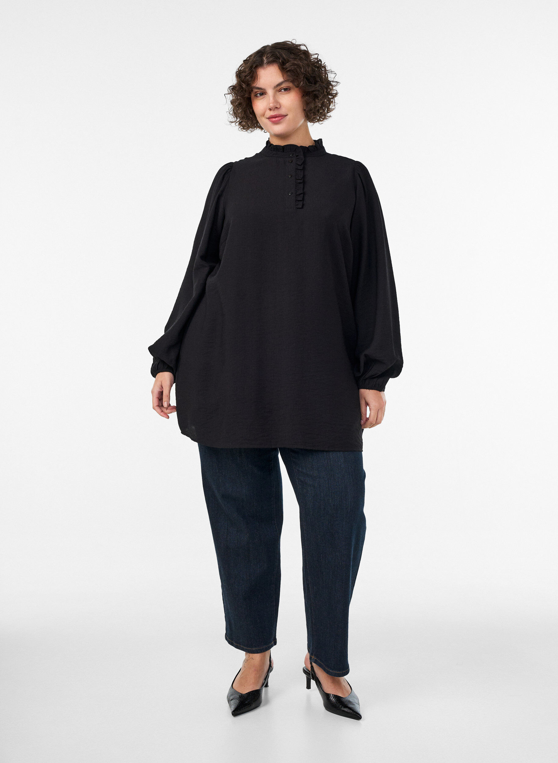 ZizziTunique en viscose avec volants et boutons, Noir, Model image number 1