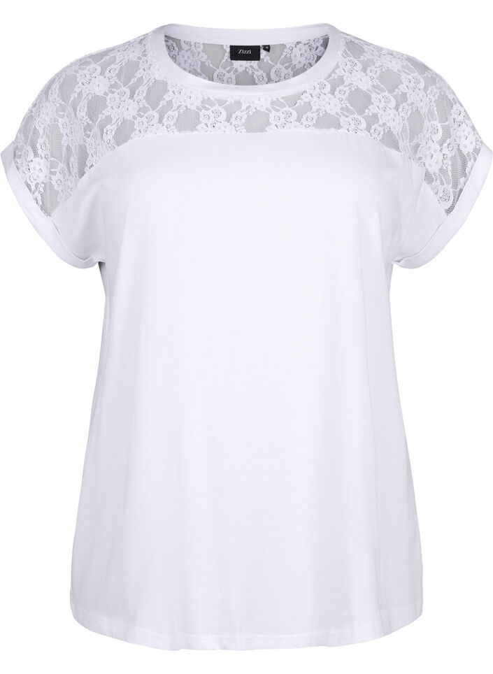 T-shirt en coton à manches courtes avec dentelle, Bright White, Packshot image number 0