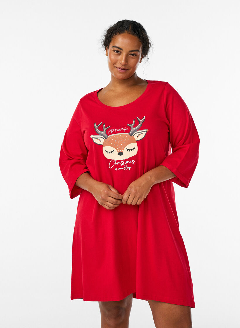 Chemise de nuit en coton bio avec motif de Noël, Rouge, Model image number 0