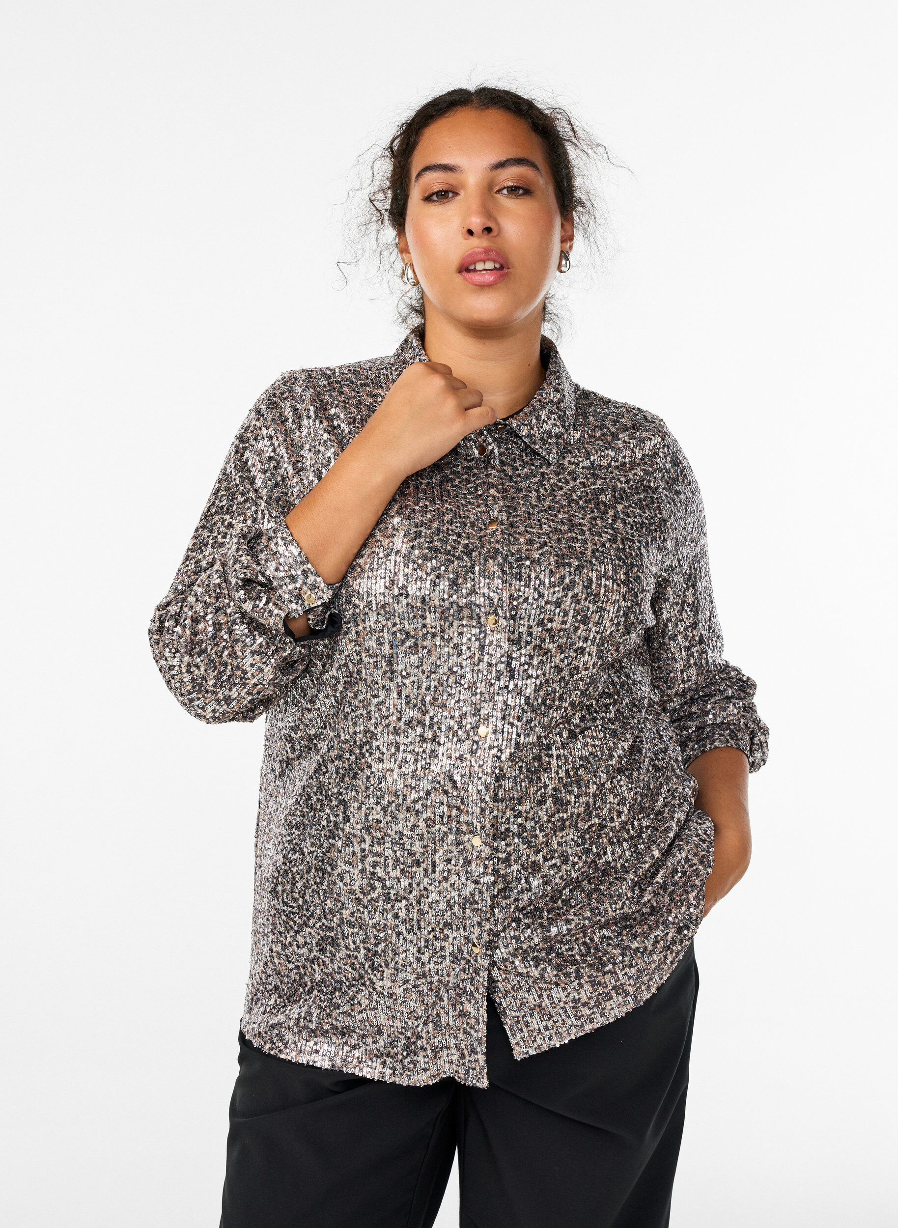 Chemise &agrave; sequins avec manches longues, Marron, Model