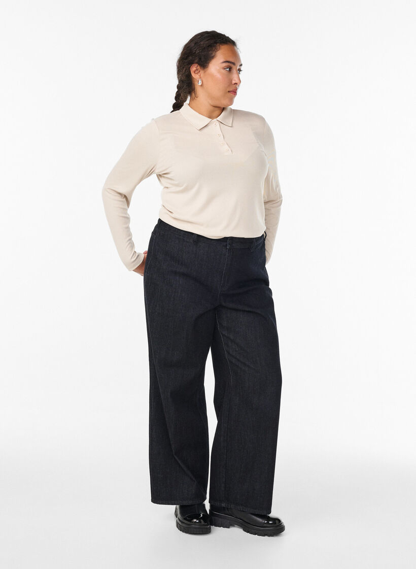 Polo en maille côtelée douce à manches longues, Beige, Model image number 1