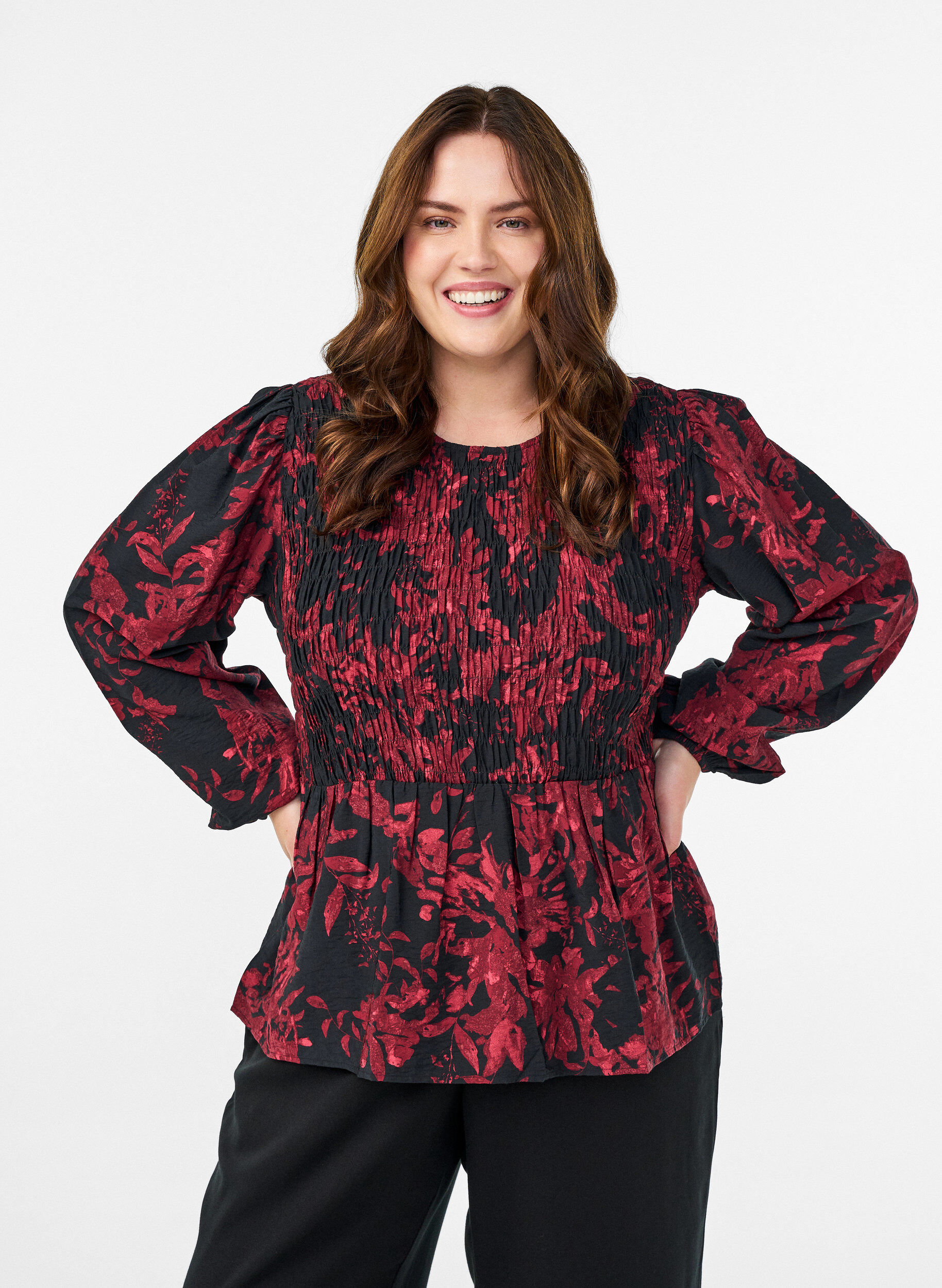 ZizziBlouse avec smocks et manches longues, Noir, Model image number 0