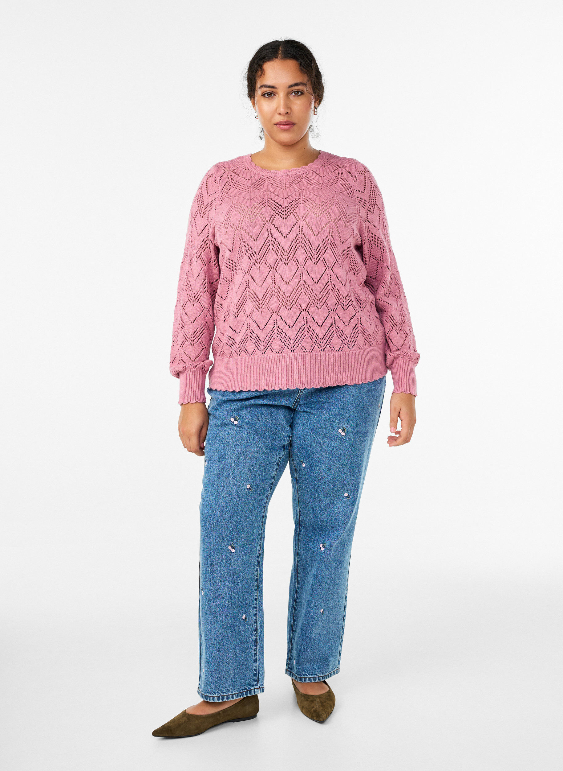 Zizzi Blouse en maille &agrave; motifs avec bord ondul&eacute; et encolure ronde, Rose, Model image number 1