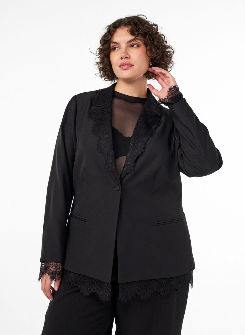 Blazer avec finitions en dentelle, Noir, Model image number 0