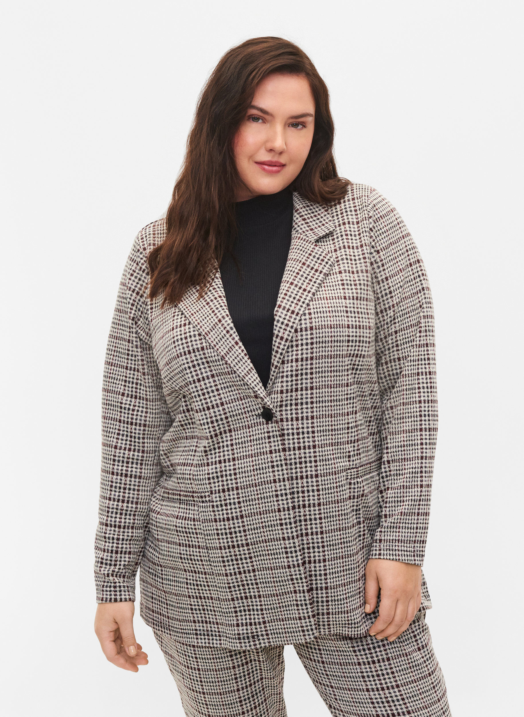 Zizzi Blazer &agrave; carreaux avec fermeture &agrave; boutons, Brown Check, Model image number 0