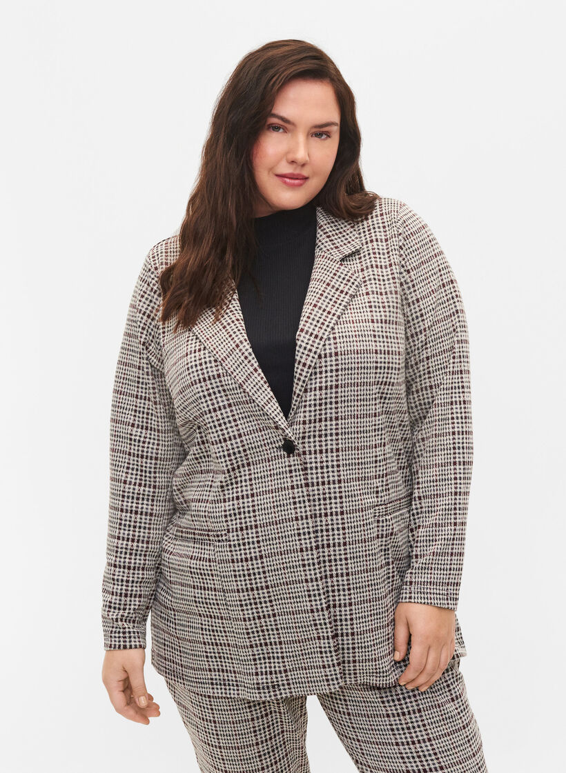 Blazer à carreaux avec fermeture à boutons, Brown Check, Model image number 0