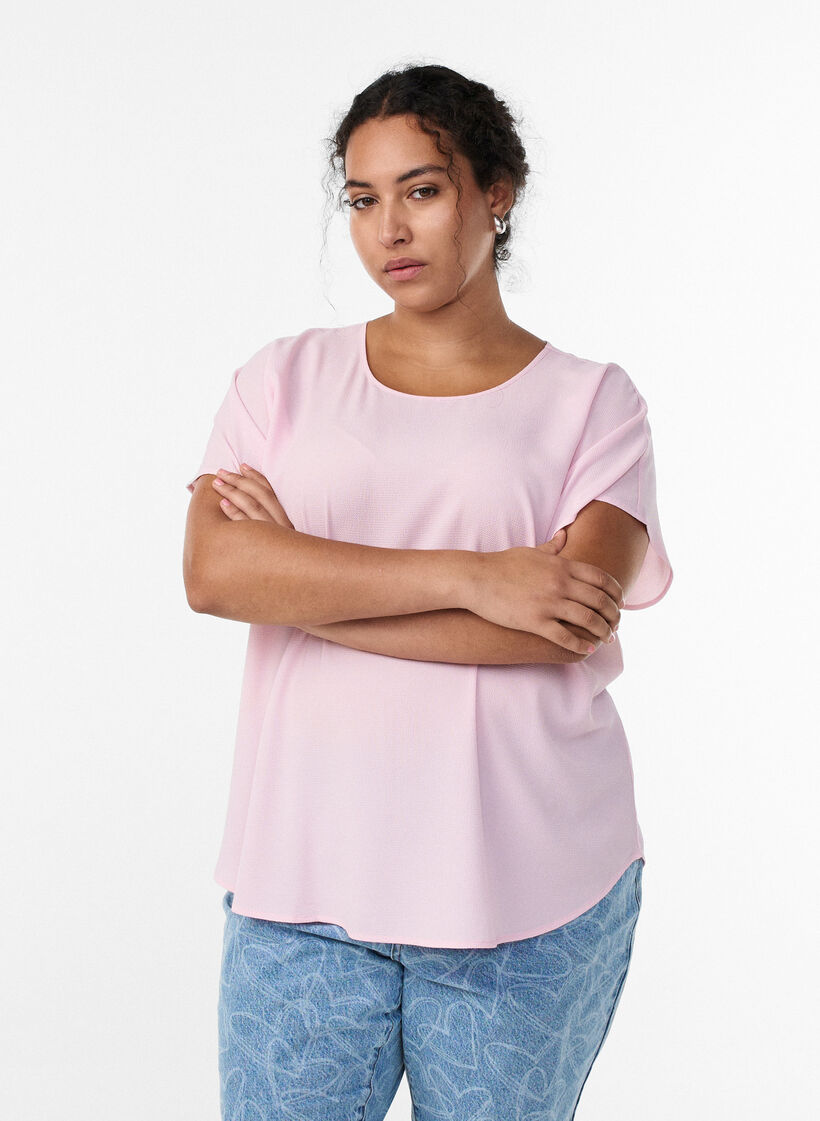 Blouse &agrave; manches courtes et encolure ronde, Rose, Model image number 0