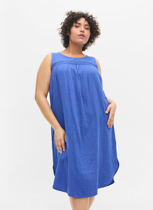 Robe sans manches en coton en forme trapèze, Dazzling Blue, Model image number 0