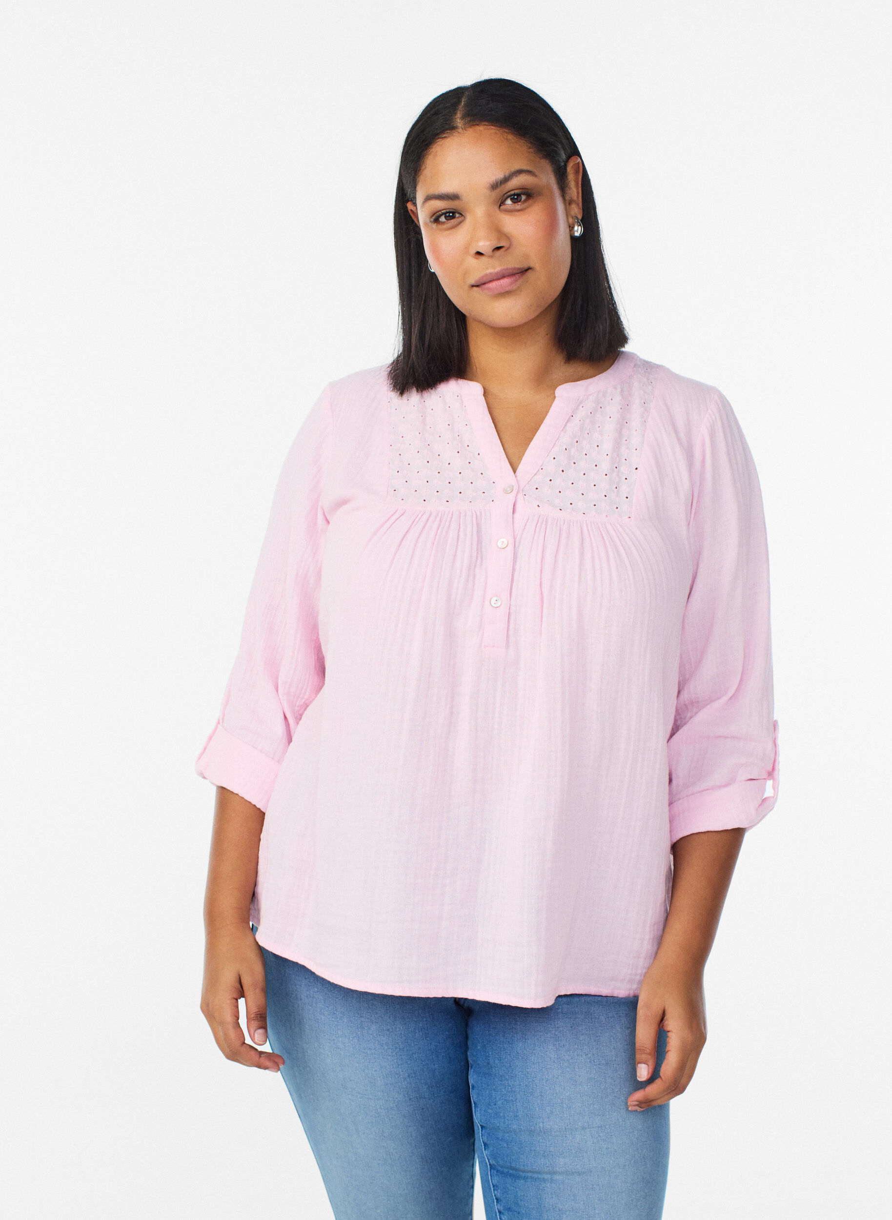 Zizzi Blouse en mousseline de coton avec broderie anglaise, Rose, Model image number 0