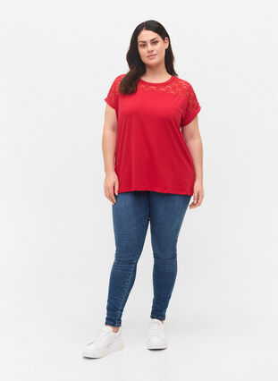 T-shirt en coton à manches courtes avec dentelle, Tango Red, Model image number 2