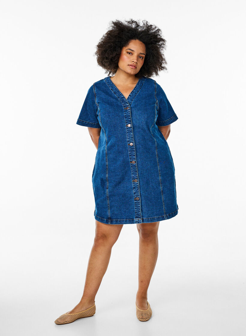 Robe courte en jean avec col en V, Bleu, Model image number 1