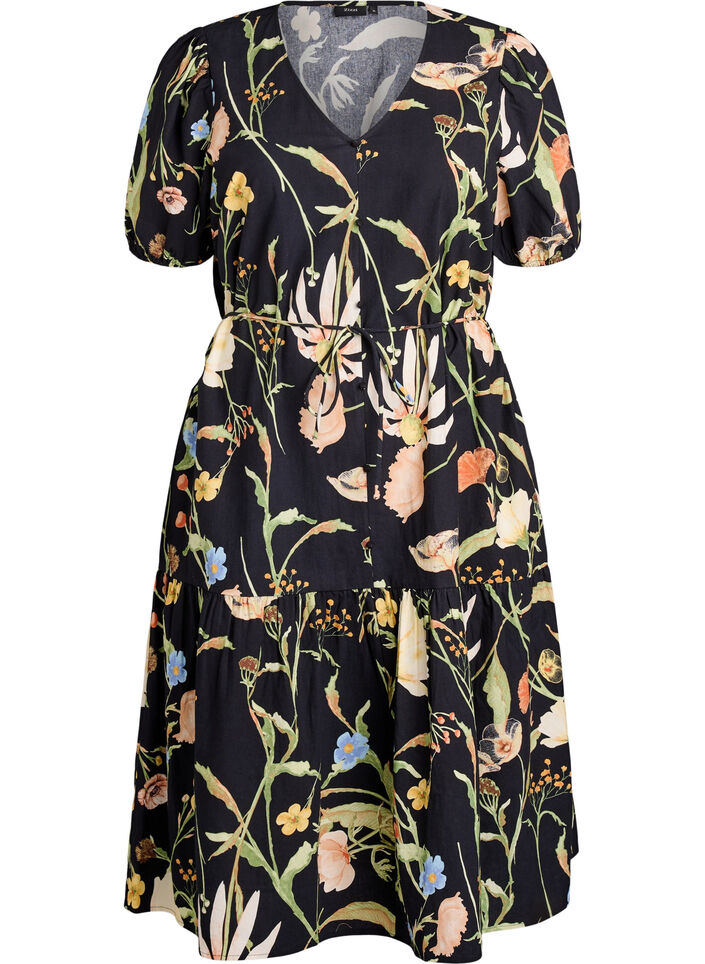 Robe midi &agrave; imprim&eacute; floral et ceinture &agrave; nouer, Noir, Packshot image number 0