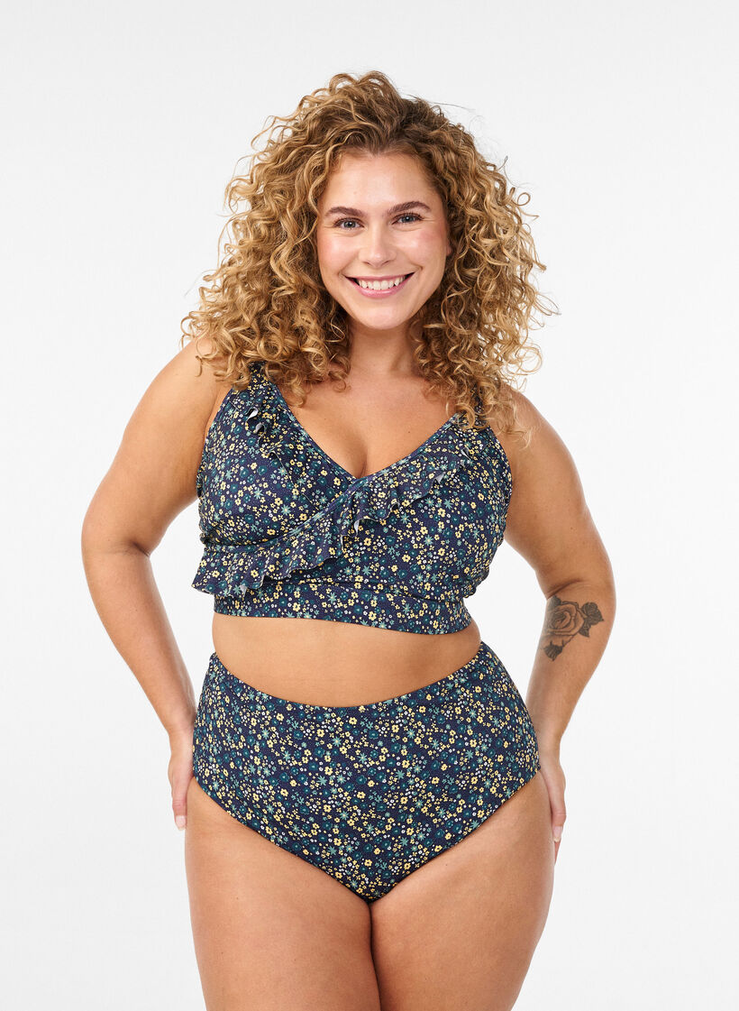Haut de bikini à fleurs et à détails de jabot, Bleu pétrole, Model image number 1