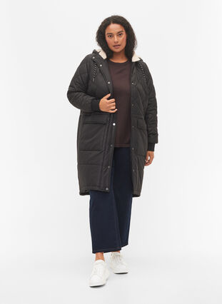 Veste matelassée à capuche et taille ajustable, Black, Model image number 2