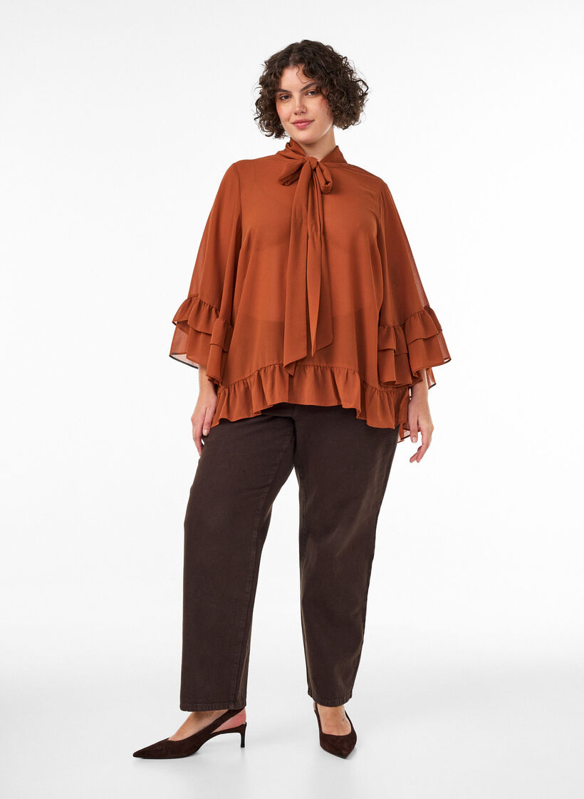 Blouse avec ruban &agrave; nouer et volants, Camel, Model image number 1