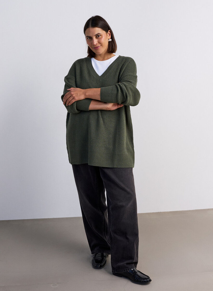 Blouse longue en maille c&ocirc;tel&eacute;e avec col en V, Vert, Model image number 1