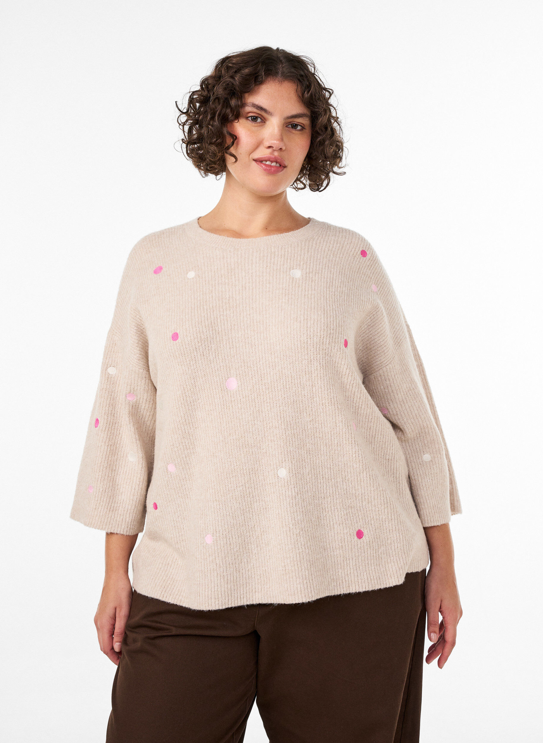 ZizziBlouse en maille avec de petits motifs brod&eacute;s, Beige, Model image number 0