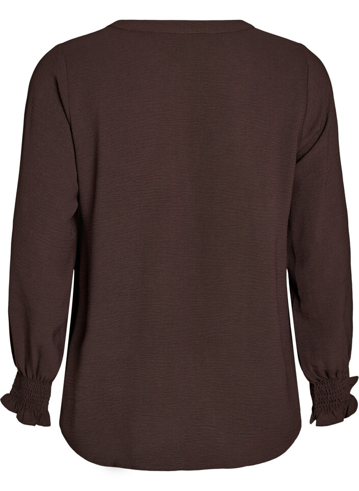 Blouse avec poignets smock&eacute;s et col en V, Marron, Packshot image number 1