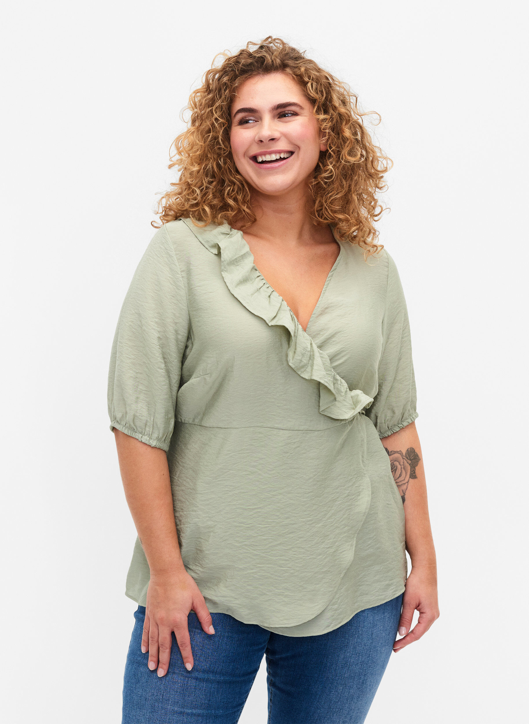 Zizzi Blouse cache-c&oelig;ur en viscose avec manches mi-longues, Seagrass , Model image number 0