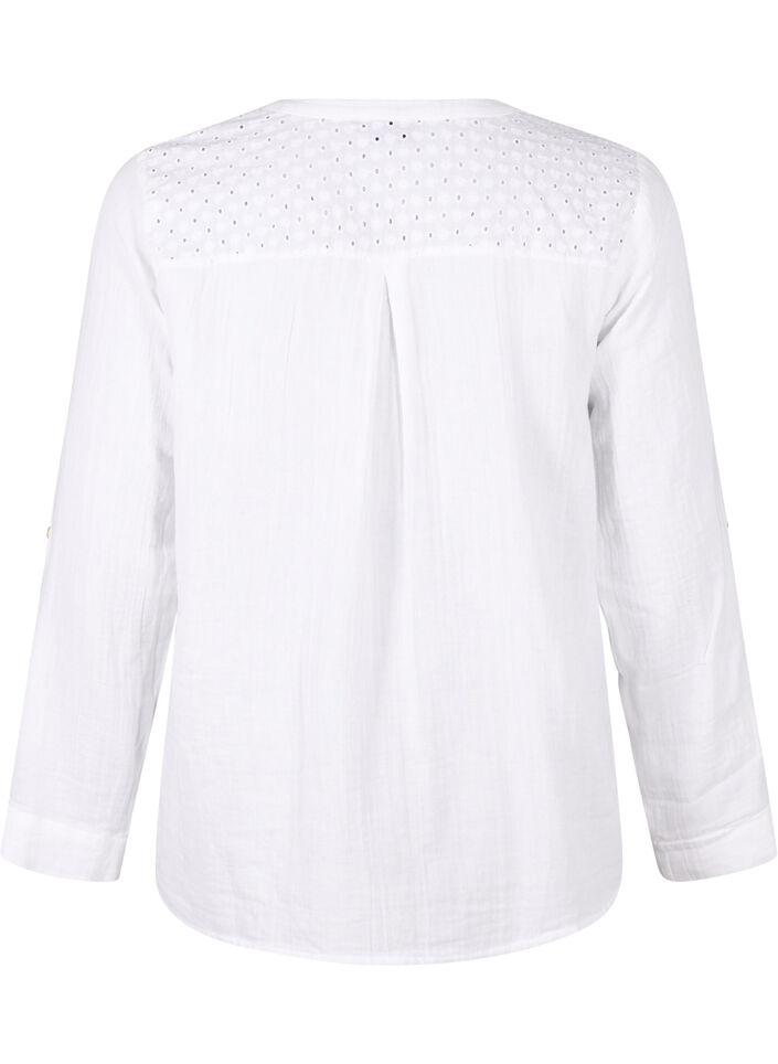 Chemisier en coton à broderie anglaise et manches 3/4, Bright White, Packshot image number 1
