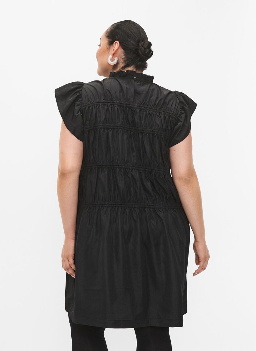 Robe avec volants et lignes de coupe élastiques, Black, Model image number 1
