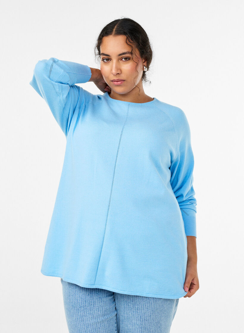 Blouse en maille &agrave; col rond et motif tricot&eacute;, Bleu Clair, Model image number 0
